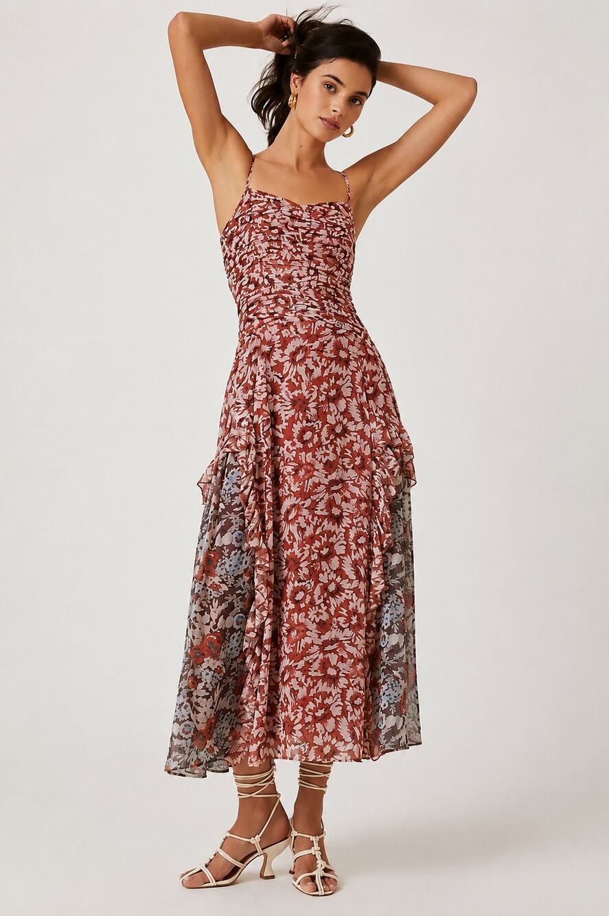 NEW Anthropologie Let Me Be Ruffled Floral Midi Dress Pink Combo XL